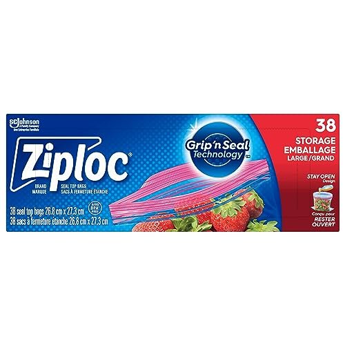 Ziploc Large Food Storage Bags, Grip 'n Seal Technology for Easier Grip, Open and Close, 38 Count
