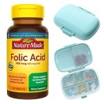 Nature-Made Folic Acid 400 mcg (665 mcg DFE), Dietary Supplement for Nervous System Function, 250 Tablets, 250 Day Supply + Bonus Pill Box Included