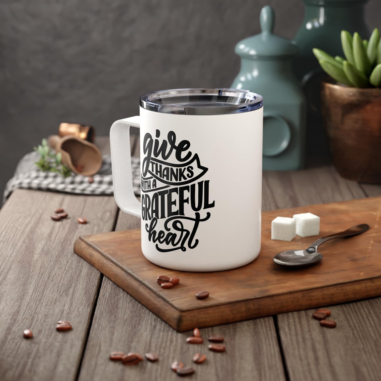 Faith Culture - Give Thanks with a Grateful Heart - Christian Thanksgiving Insulated Coffee Mug, 10oz