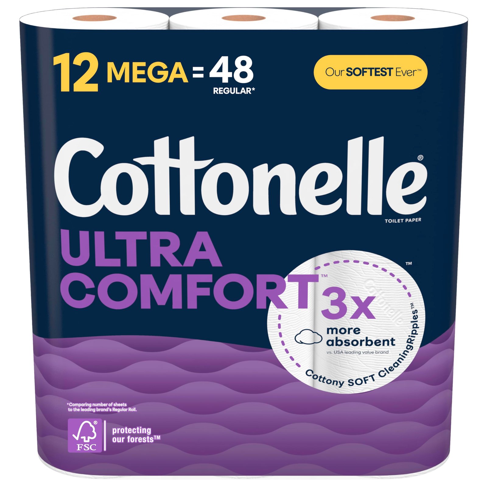 Cottonelle Ultra Comfort Toilet Paper, Strong Toilet Tissue, 12 Mega Rolls (12 Mega Rolls = 48 Regular Rolls), 244 Sheets per Roll, Packaging May Vary
