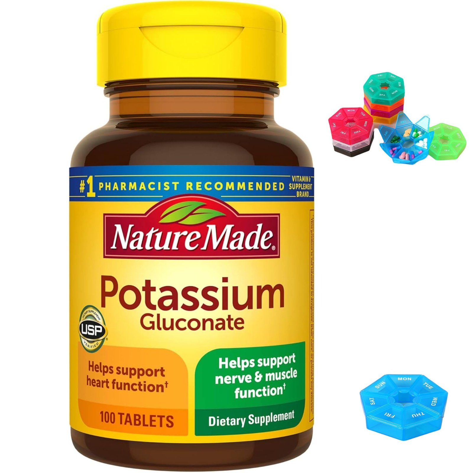 Version 1.0.0 Nature_Made Potassium Gluconate 550 mg, Dietary Supplement for Heart Health Support, 100 Tablets, 100 Day Supply + Bonus Pill Organizer, Weekly Pill Organizer Mini - Image 1