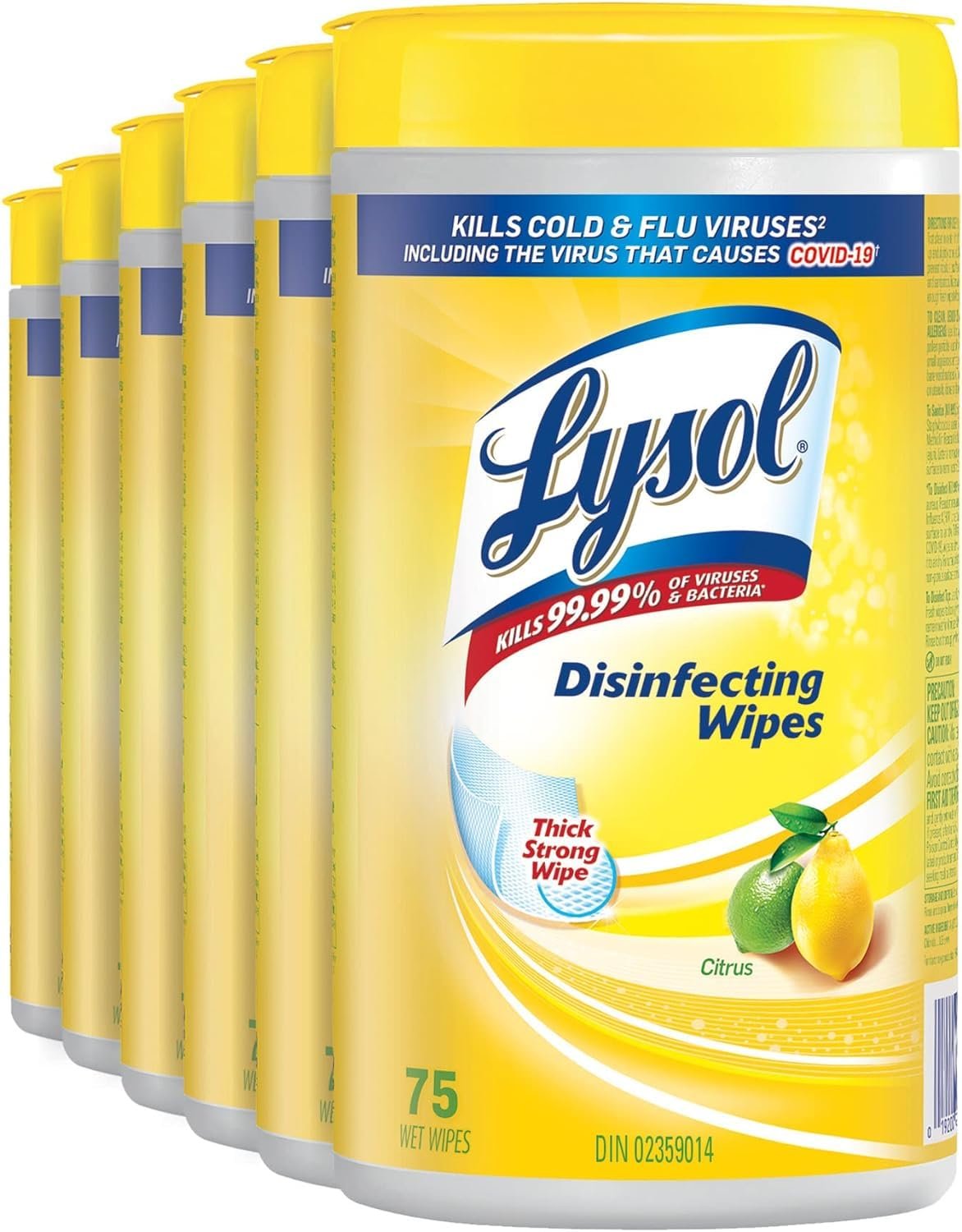 Lysol Disinfecting Wipes, Citrus, Thick Strong Wipe, Kills 99.99% of Viruses & Bacteria, Bulk Pack of 6, 450 Count (6 x 75 count)