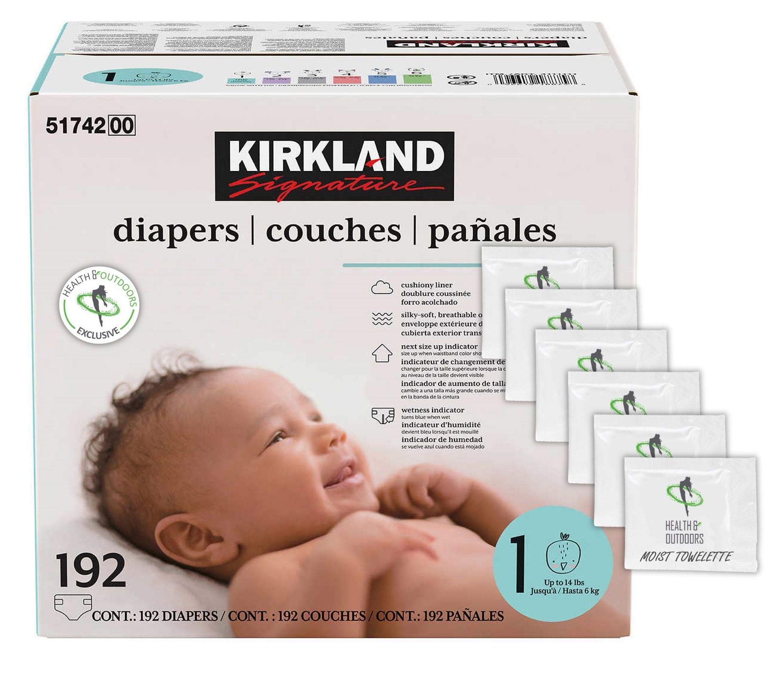 Version 1.0.0 Kirkland Signature Diapers Size 1 (Up to 14 Pounds) 192 Count W/Exclusive Health and Outdoors Wipes - Image 1