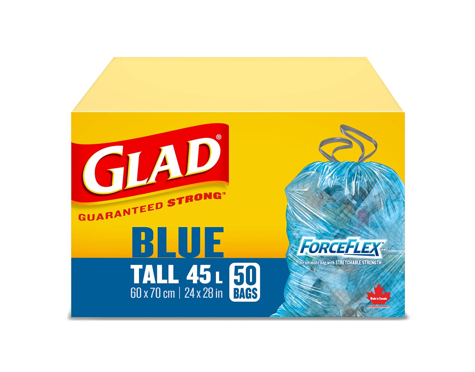 Glad Blue Recycling Bags - Tall 45 Litres - ForceFlex, Drawstring, 50 Trash Bags, Made in Canada of Global Components