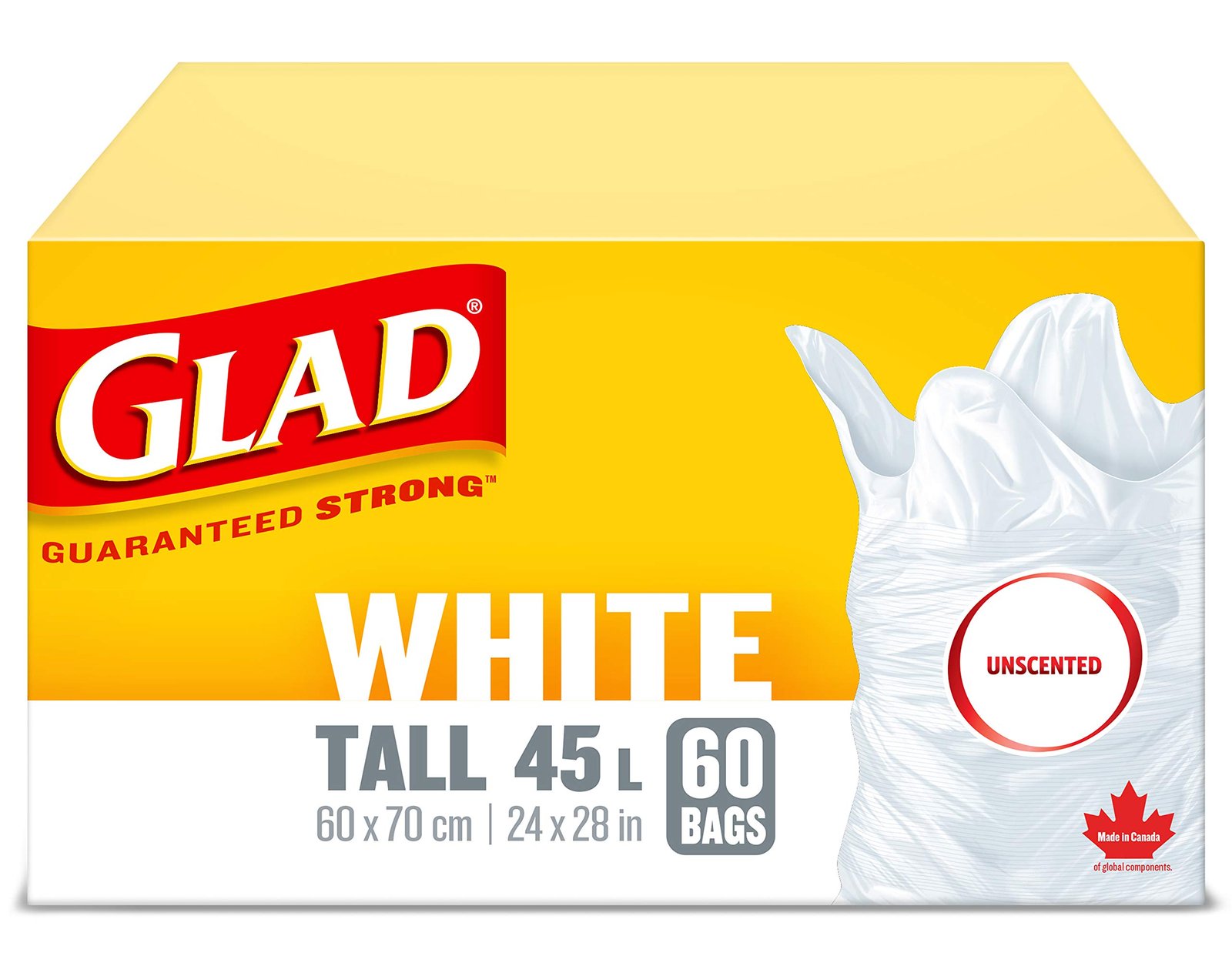 Version 1.0.0 Glad White Garbage Bags - Tall 45 Litres - Unscented, 60 Trash Bags, Made in Canada of Global Components - Image 1